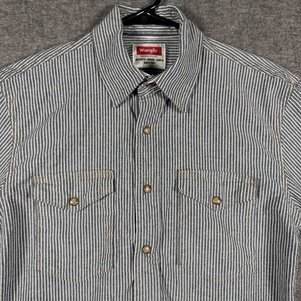 Wrangler Shirt Mens Small Blue Stripe Denim Western Snap Long Sleeve Cowboy